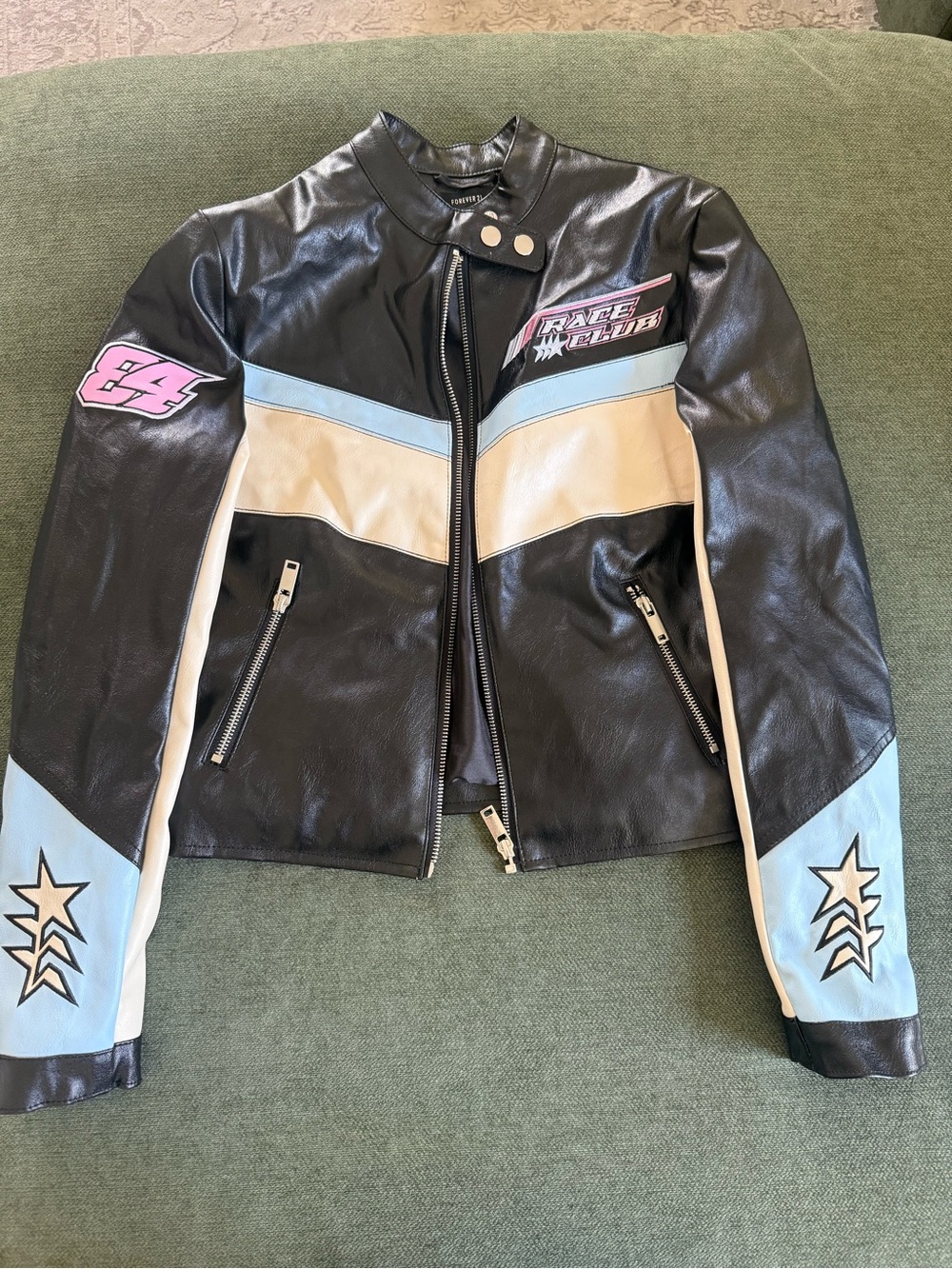 Women's Moto Black Leather Jacket with Light Blue & Cream Accents